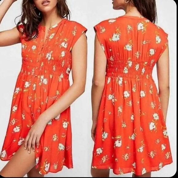 Free People Greatest Day Orange Floral Smocked Minidress Size XS - Picture 1 of 7